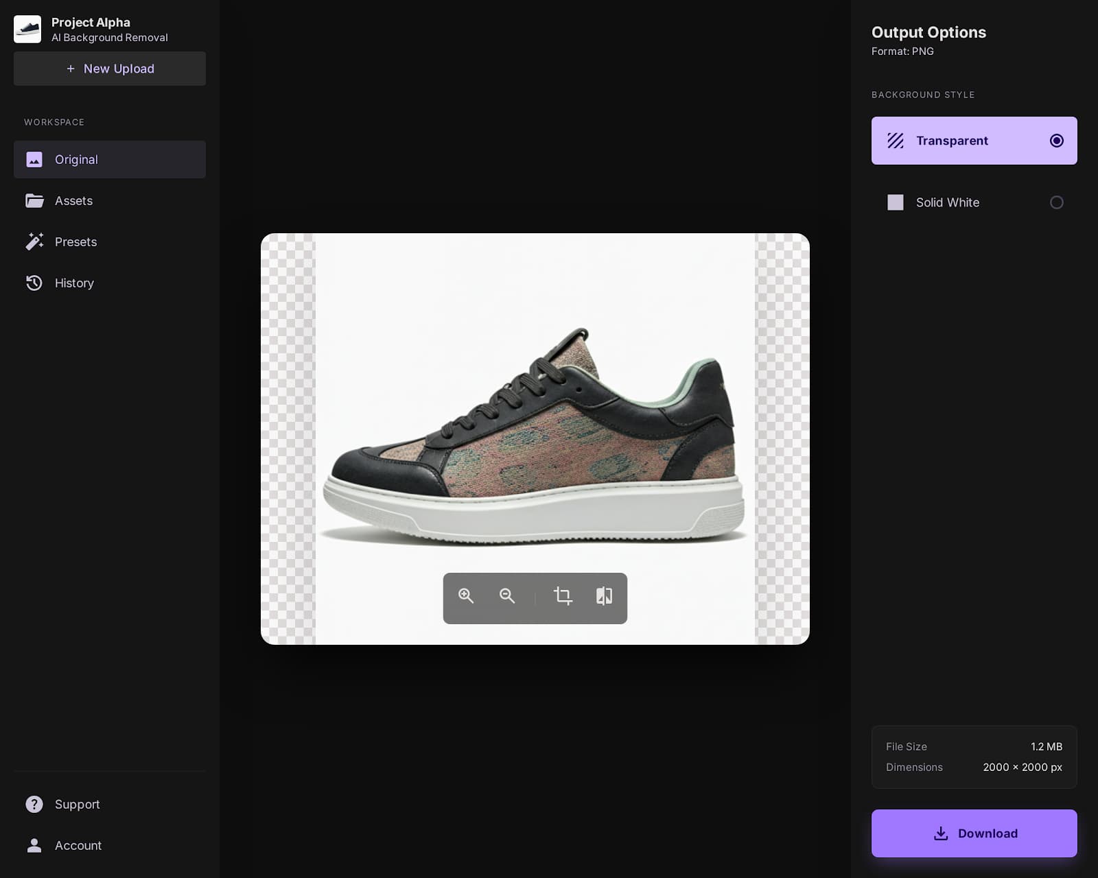Flixdown AI 背景消除工具界面，展示产品照片与透明背景预览