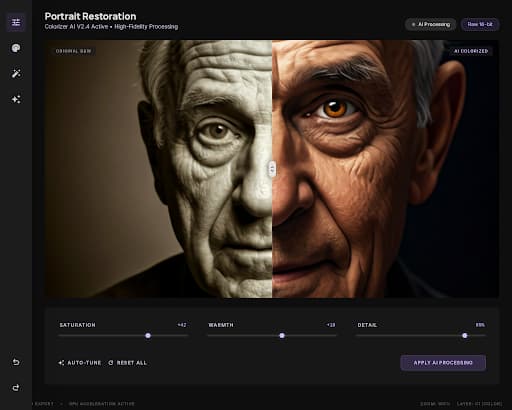 Flixdown AI 照片上色主界面,展示上传区域与上色预览